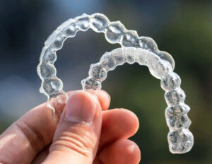 a hand holding up two invisalign aligners